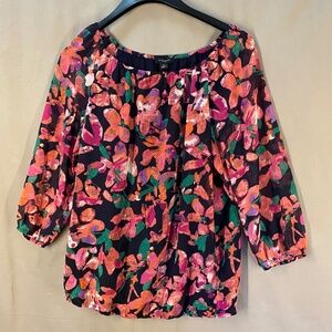 Ann Taylor Blouse Black with Pink Flowers - Size S